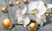 Fotobehang - Vlies Behang - Glanzende Oranje Ballen en Orchidee 3D - 368 x 254 cm