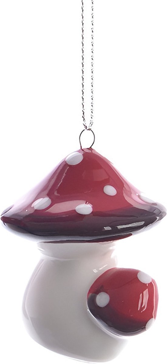 Decoris Kerstboom decoratie paddenstoel rood wit - 4 cm - aardewerk polyester - ophanglusje Multi