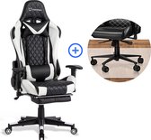 FOXSPORT verstelbare gaming chair - PC-bureaustoel met voetsteun - hoogte en helling verstelbaar - met hoofdsteun en lendensteun - gamingstoel voor kantoor - Met vloerbeschermingsmat - Wit en zwart