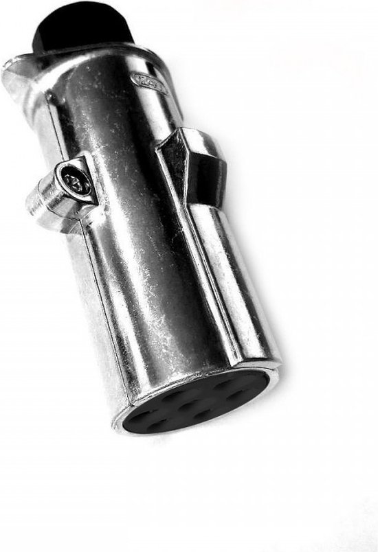 Aluminium 7-polige 24V stekker met zwarte dop en 6 zichtbare pinnen.