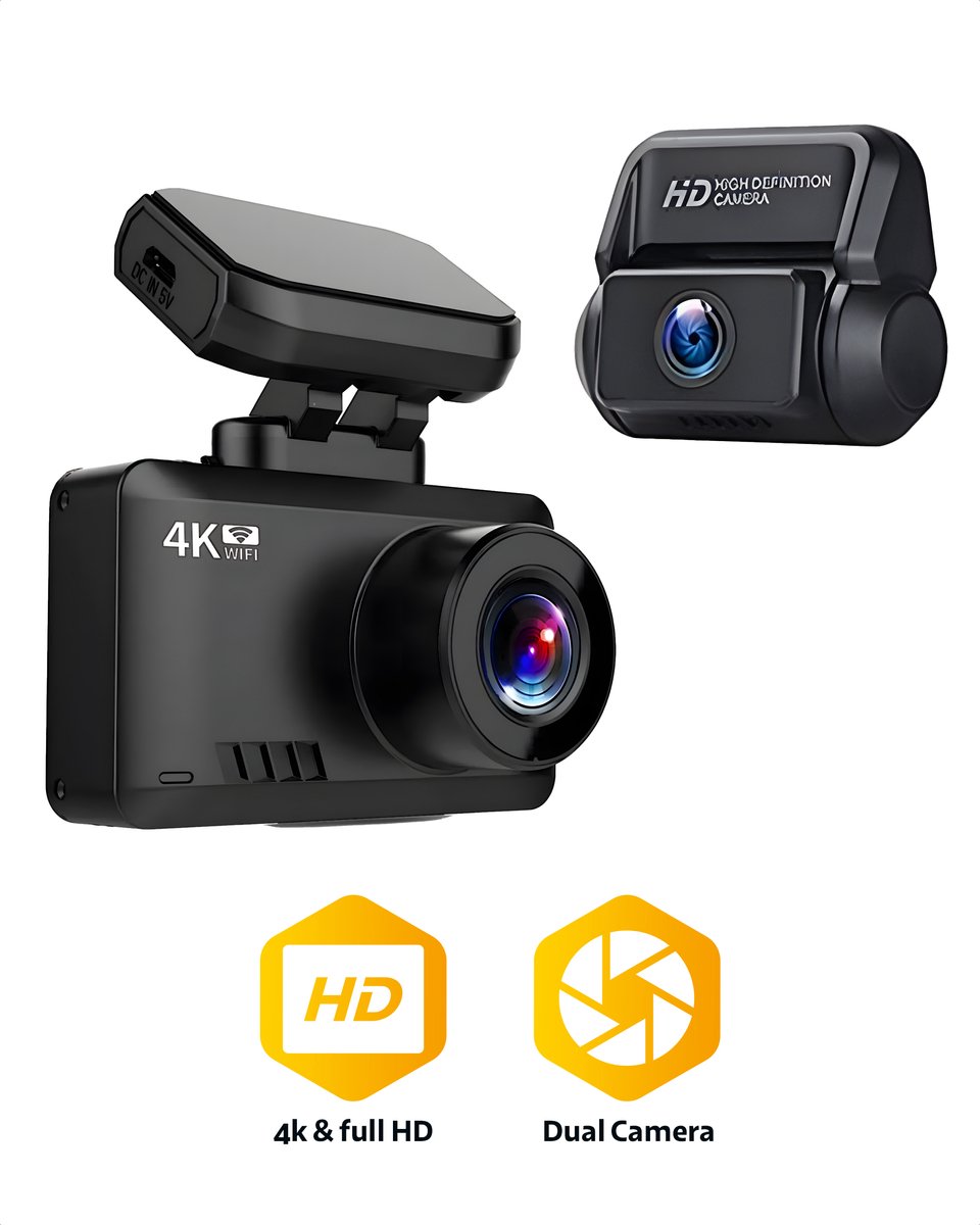 Teceye – Dashcam voor auto – Auto Camera – Dual Lens – 4K - Full HD – Dashcam voor en achter - + 128GB SD kaart