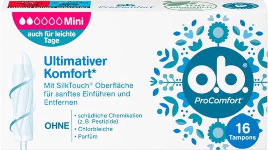 Doosje met 16 o.b. ProComfort Mini tampons, met Silk Touch oppervlak. Ook voor lichte dagen.