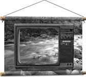 Textielposter - Oude Vintage Televisie met Doorkijk op Rivier (Zwart-wit) - 60x40 cm Foto op Textiel