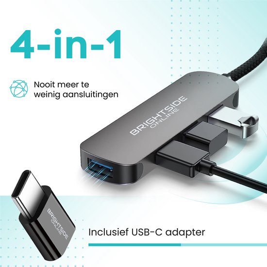 Brightside Online USB Hub - USB 3.0- Nylon Gewoven - 80cm Kabel - Brightside Online
