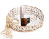 Kaarsenhouder goud kristal cosmetische lade rond kristallen kralen spiegel dienblad, ondersteuning voor make-up kwasten parfum nagellak huidverzorgingsproducten, badkameraccessoires