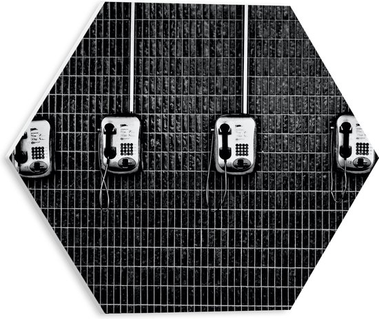 PVC Schuimplaat Hexagon - Rij Ouderwetse Vaste Telefoonaansluitingen (Zwart-wit) - 30x26.1 cm Foto op Hexagon (Met Ophangsysteem)