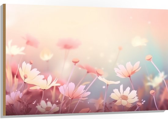 Hout - Getekende Licht Roze Bloemen met Wazige Roze Achtergrond - 120x80 cm - 9 mm dik - Foto op Hout (Met Ophangsysteem)