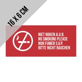 Pictogram/ sticker | Rookverbod in 4 talen | 16 x 6 cm | Verboden te roken | Non fumer svp | No smoking please | Bitte nicht rauchen | Niet roken | Hotel | B&B | Toerisme | NL/ FR/ ENG/ DE | 5 stuks