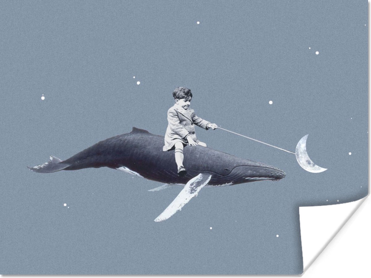 Poster Ruimte - Jongen - Maan - Walvis - 80x60 cm