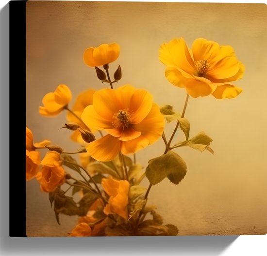 Canvas - Oranje Boterbloemen bij Licht Bruine Achtergrond - 30x30 cm Foto op Canvas Schilderij (Wanddecoratie op Canvas)