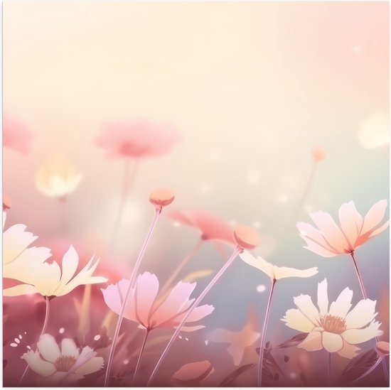 Poster Glanzend – Getekende Licht Roze Bloemen met Wazige Roze Achtergrond - 50x50 cm Foto op Posterpapier met Glanzende Afwerking