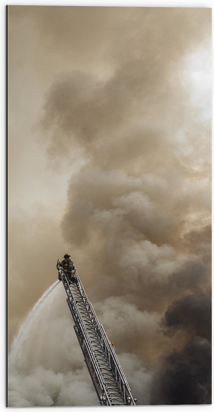 Dibond - Brandweerman in Actie bij Grote Rookwolk - 50x100 cm Foto op Aluminium (Wanddecoratie van metaal)