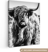 Canvas - Schotse hooglander - Natuur - Koe - Zwart - Wit - Schilderijen op canvas - Canvas schilderijen woonkamer - Kamer decoratie - 90x120 cm