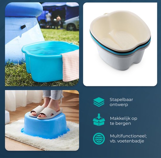 Een blauw voetenbad gevuld met water, naast een opvouwbare stoel en een persoon die op een blauwe kruk staat. Ernaast het crèmekleurige voetenbad.