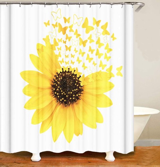 Douchegordijn gele zonnebloem planten vlinders badkamer textiel gordijn