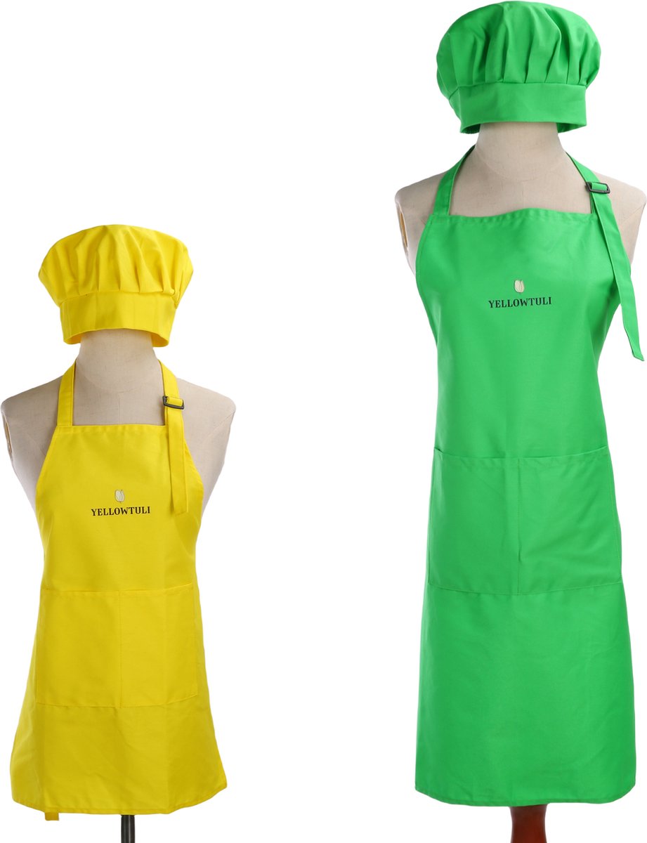 [Moeder Dochter Kookschort] - [100%Katoen] - [Kinderschort Met Kokmuts 2 set] - [kinderschort jongens Geel]-[ keukenschort kind]-[kinderkookschort]-[kinderschortje]-[ keukenschort kind]-[Apron with Chef Hat]-[Kids Apron Yellow and Green]