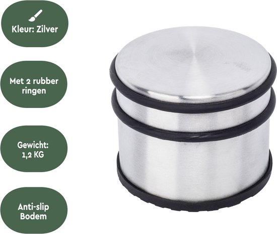 Zilverkleurige RVS deurstopper met twee rubberen ringen, 1,2 kg, anti-slip bodem.