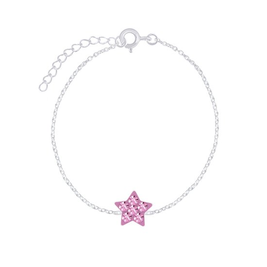 Joy|S - Zilveren ster armband - roze kristal - 14 cm + 3 cm