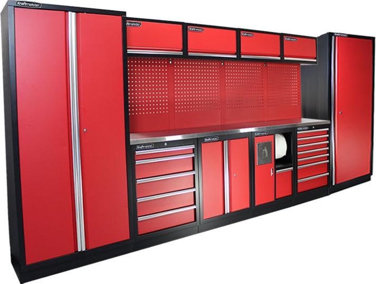 Kraftmeister werkplaatsinrichting - Werkbank met 4 wandkasten, 2 werkplaatskasten en RVS werkblad - Werktafel met 9 laden, 1 opbergkast, 1 prullenbak en gereedschapswand - Complete set voor werkplaats of garage - Rood