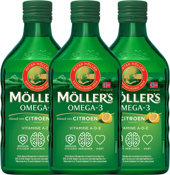 Möller’s Omega-3 Levertraan Citroen - 3 x 250ml - Omega-3 visolie – Levertraan vloeibaar – Levertraan met smaak van citroen