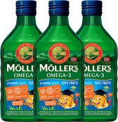 Möller's Omega-3 Huile de foie de morue Tutti Frutti - 3 x 250ml - Huile de poisson oméga-3 pour enfants - Huile de foie de morue liquide - Huile de foie de morue au goût de fruit