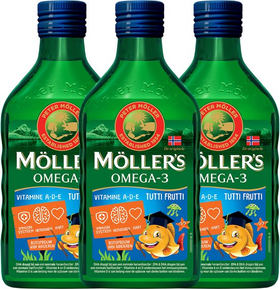 Möller's Omega-3 Levertraan Tutti Frutti - 3 x 250ml - Omega-3 visolie voor kinderen - Levertraan vloeibaar – Levertraan met fruitsmaak