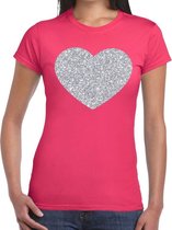 Zilveren hart glitter t-shirt roze dames XS