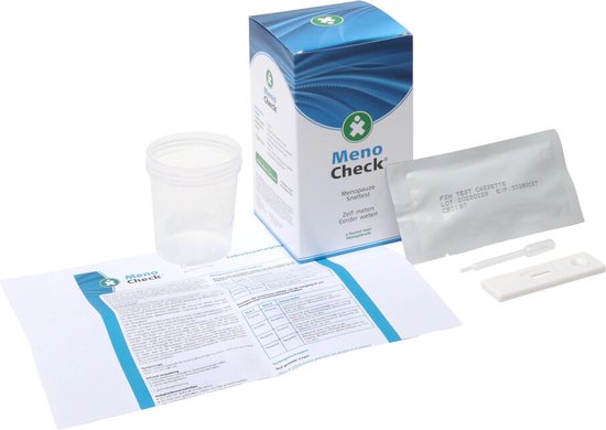 Meno Check menopauzesneltest kit, inclusief doos, handleiding, urinebeker, pipet en 2 testcassettes.