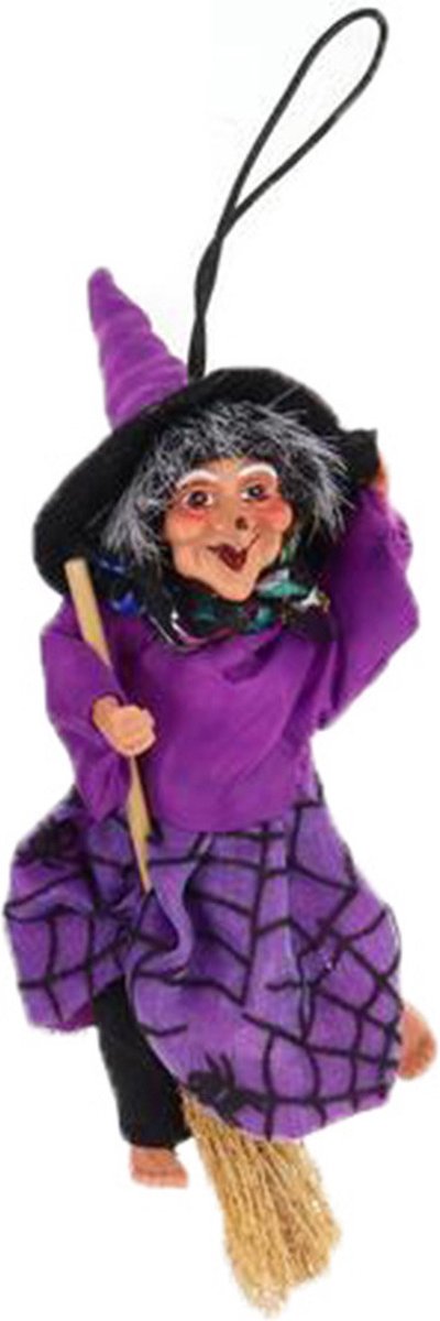 Création décoration poupée sorcière - volant sur balai - 10 cm - noir/violet  - Déco