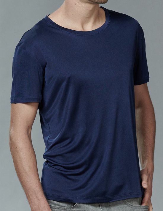 Zijden Heren T-Shirt Rondhals Donkerblauw Small - 100% Zijde