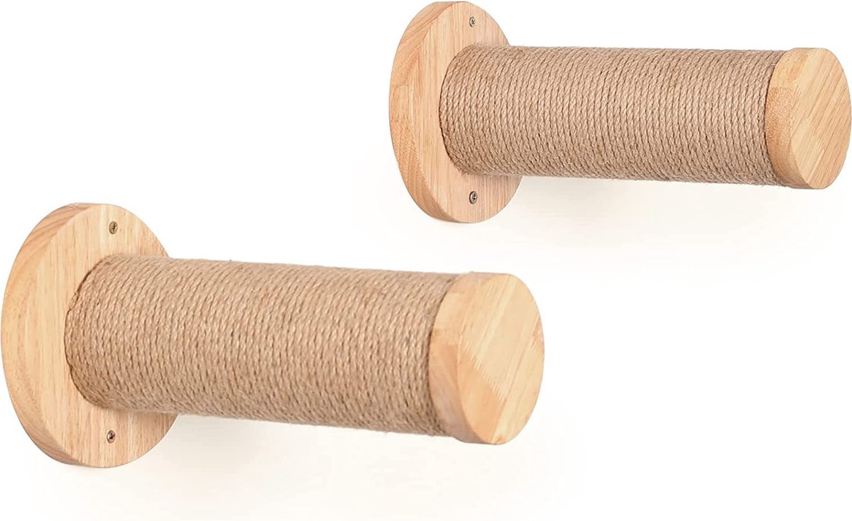 Kattentrap muur, klimtrede (set van 2), massief rubberhout, Ø 9 x L30 cm sisal palen, wandmontage jute krabhekken