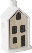 Boltze Home Huisje Homewood porselein met hout L8cm x B5,5cm x H13cm ( inclusief LR44 batterij )