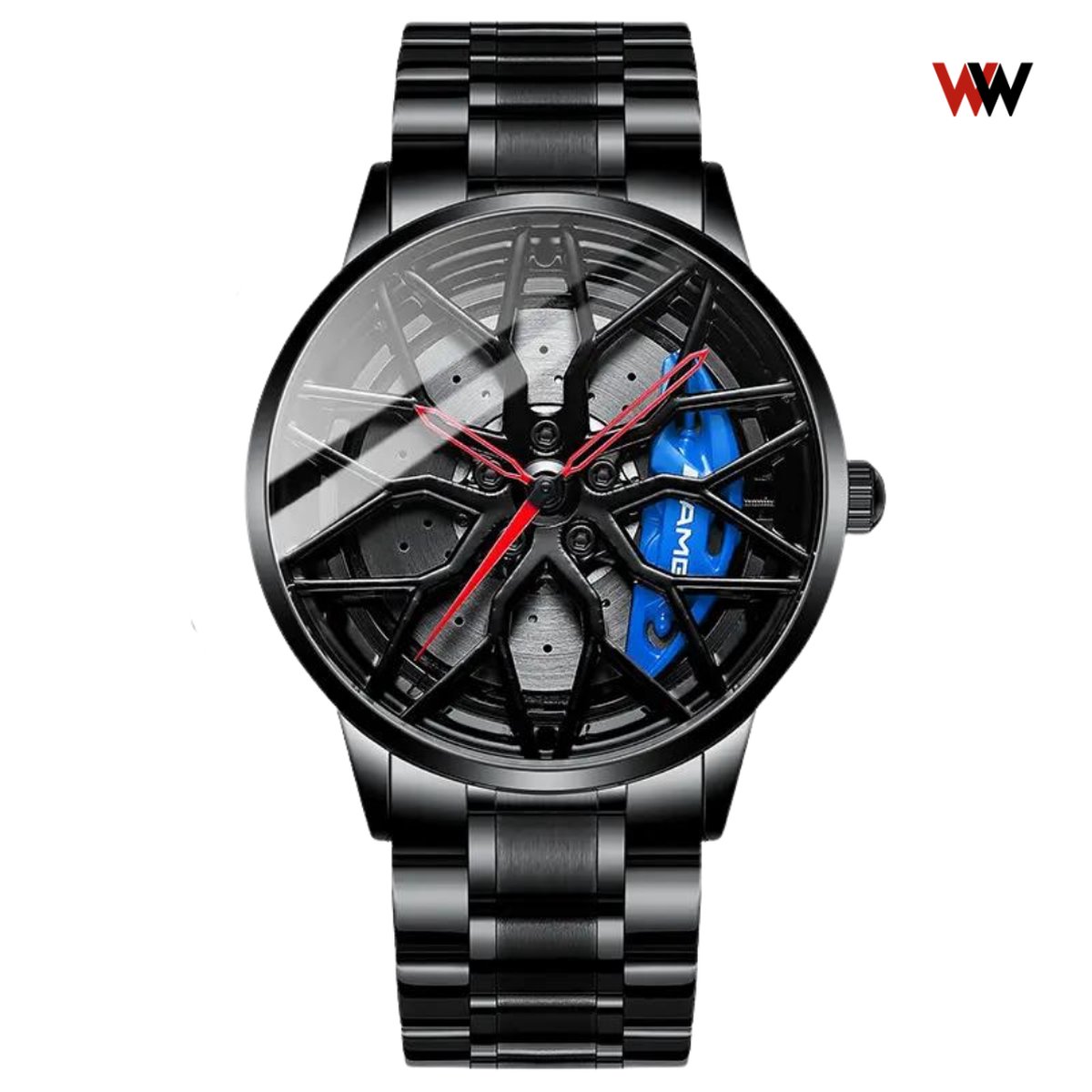 WielWatch - Horloge AMG blauw draaibaar - Sportauto - Horloges met stalen band- Herenmode - Velghorloge - Cadeau mannen - Autovelg - Autoliefhebber - horloge jongens