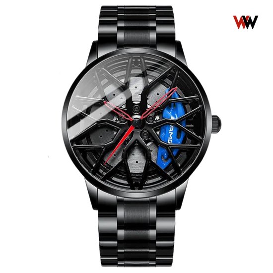 WielWatch - Horloge AMG blauw draaibaar - Sportauto - Horloges met stalen band- Herenmode - Velghorloge - Cadeau mannen - Autovelg - Autoliefhebber - horloge jongens cadeau geven