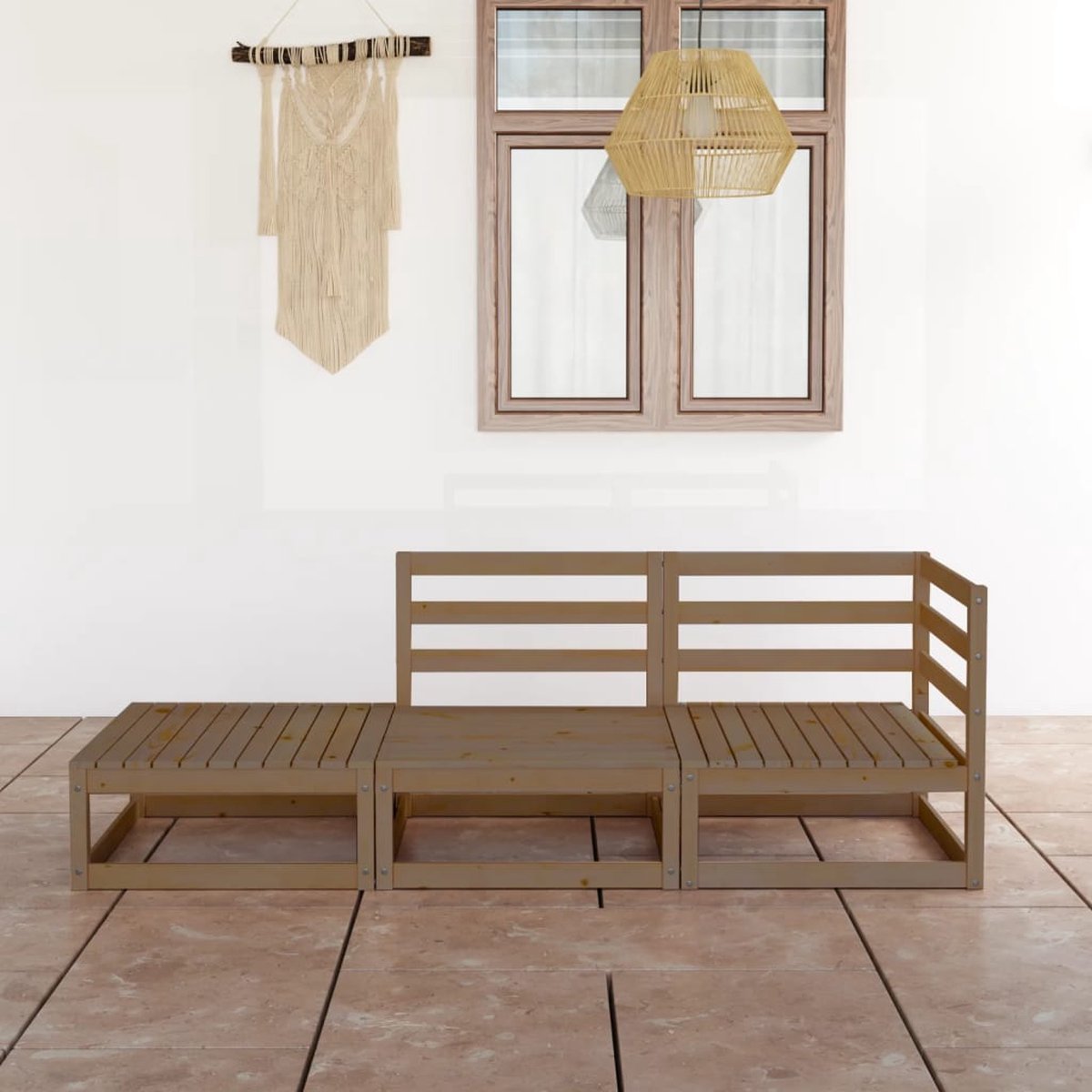 Massief grenenhouten loungeset in honingbruine kleur - The Living Store.