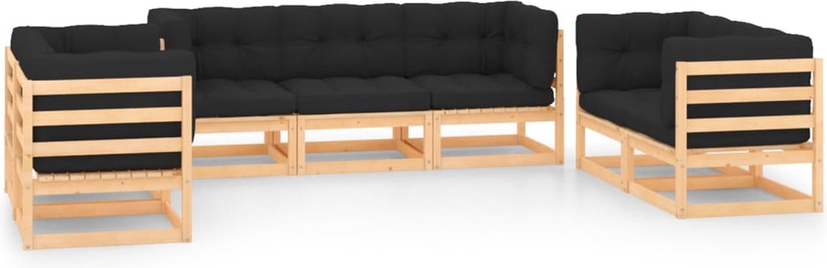 The Living Store 7-delige Loungeset met kussens massief grenenhout - Tuinlounge - Lounge Set - Houten Loungestoel - Buis Stoffen Bank - Outdoor Furniture
