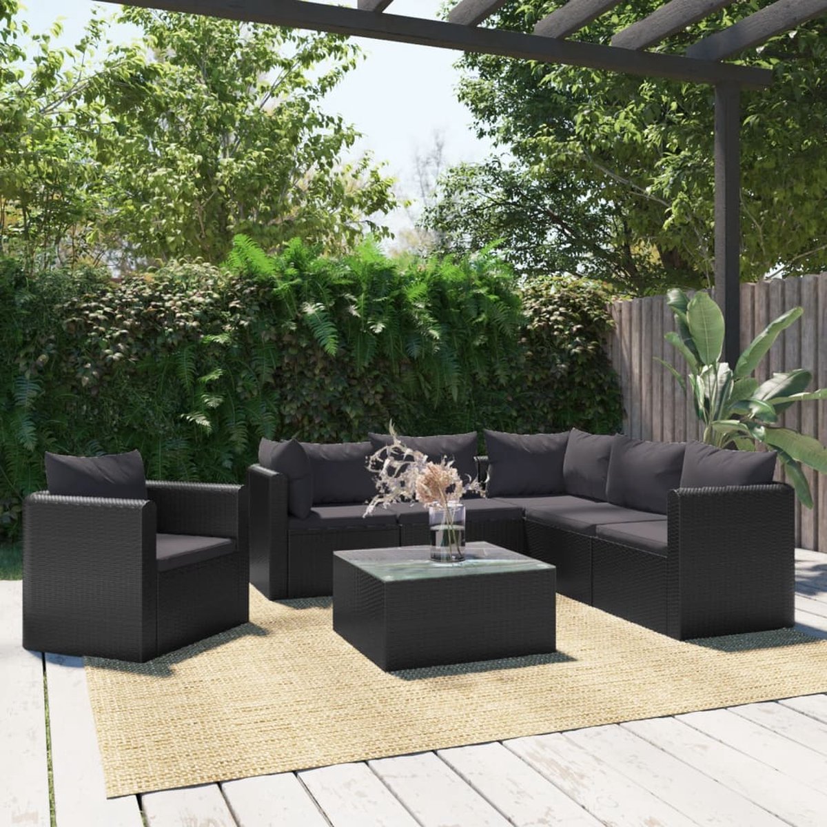 The Living Store 7-delige Loungeset met kussens poly rattan zwart - Lounge Set - Tuinset - Buitenspeelkamer - Loungestoel - Hocker