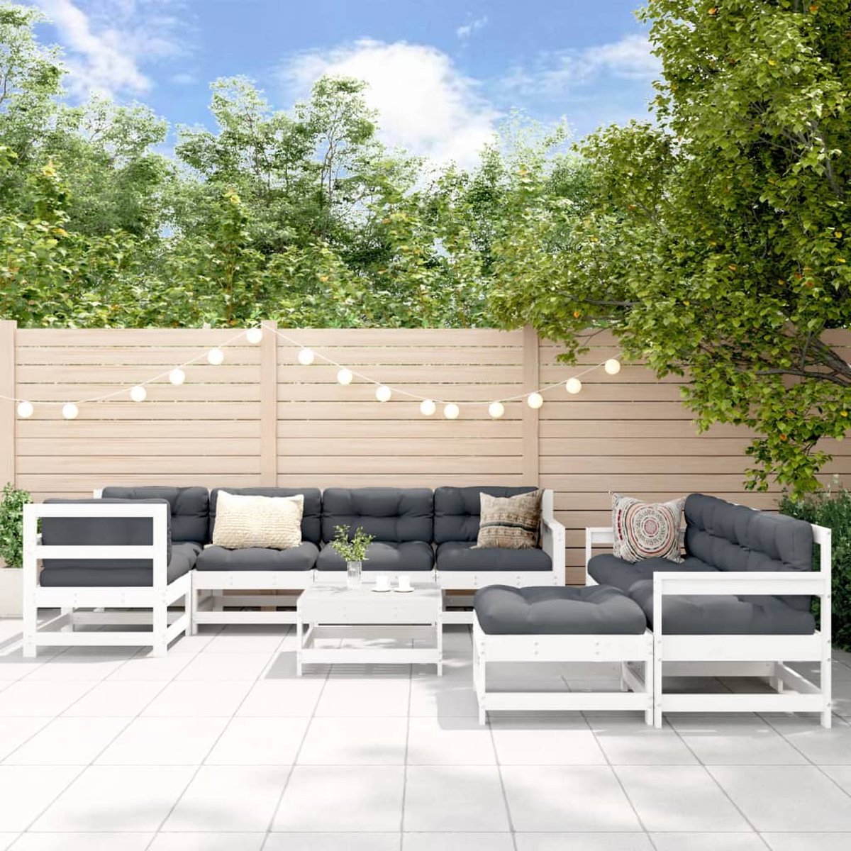 The Living Store 10-delige Loungeset met kussens massief hout wit - Loungeset - Tuinset - Hout - Buitenmeubilair - Lounge