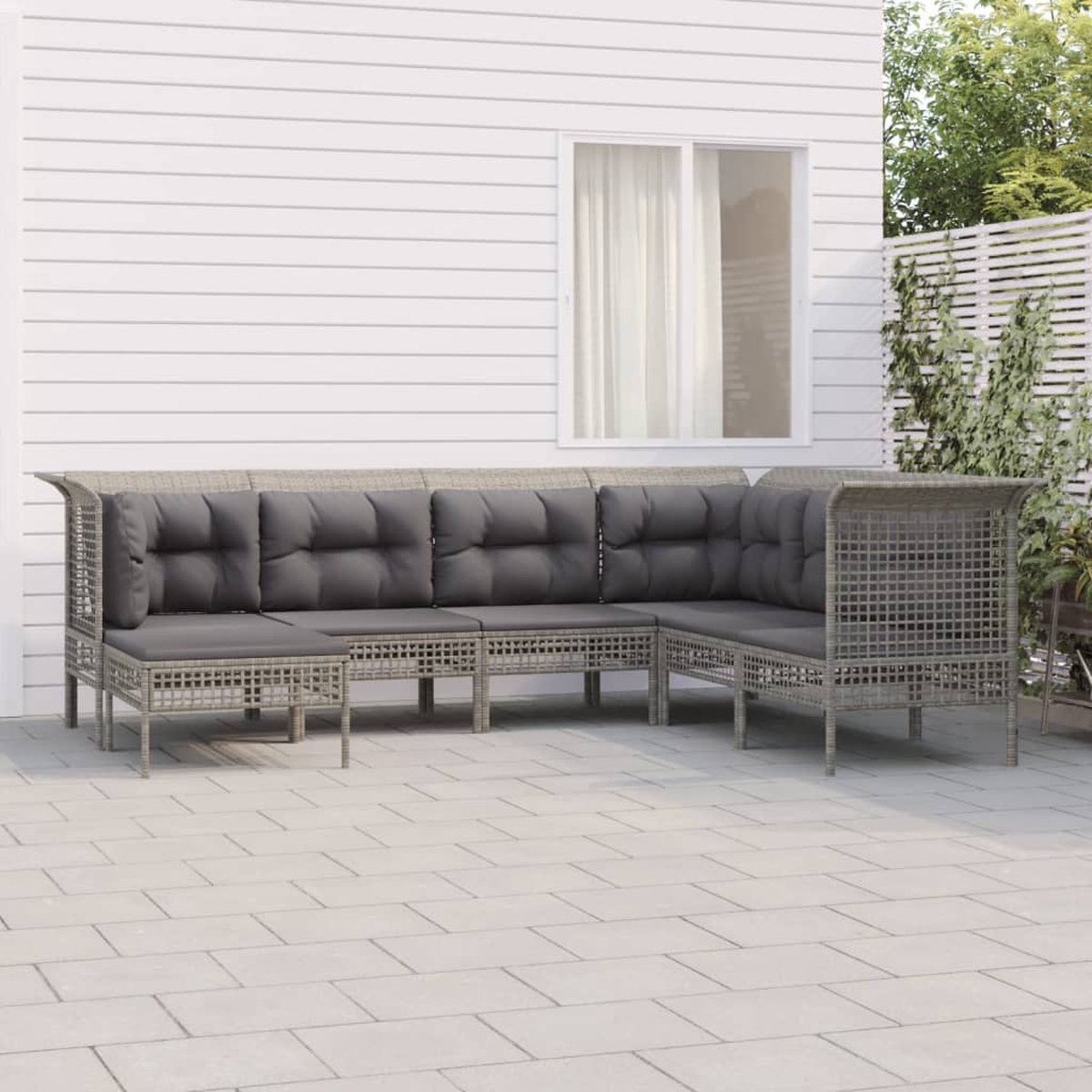 The Living Store 7-delige Loungeset met kussens poly rattan grijs - Loungeset - Tuinset - Buitendecoratie - Lounge - Polyrattan