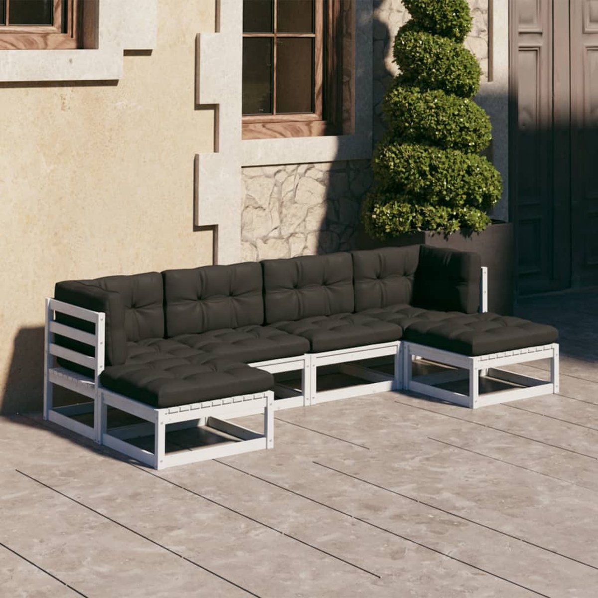 The Living Store 6-delige Loungeset met kussens massief grenenhout wit - Hoekenbank - Lounge Set - Tuinset - Houten Loungestoel - Buitendecor