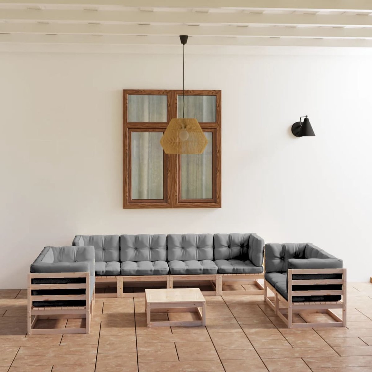 The Living Store 9-delige Loungeset met kussens massief grenenhout - Loungeset - Tuinmeubel - Loungehoekbank - Buis Meubel - Houten Bank