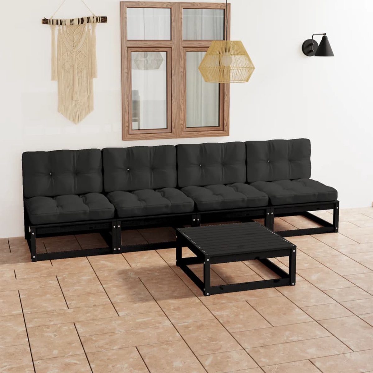 The Living Store 5-delige Loungeset met kussens massief grenenhout - Tuinset - Lounge Set - Houten Tuinset - Grenenhouten Tuinset - Zwarte Tuinset