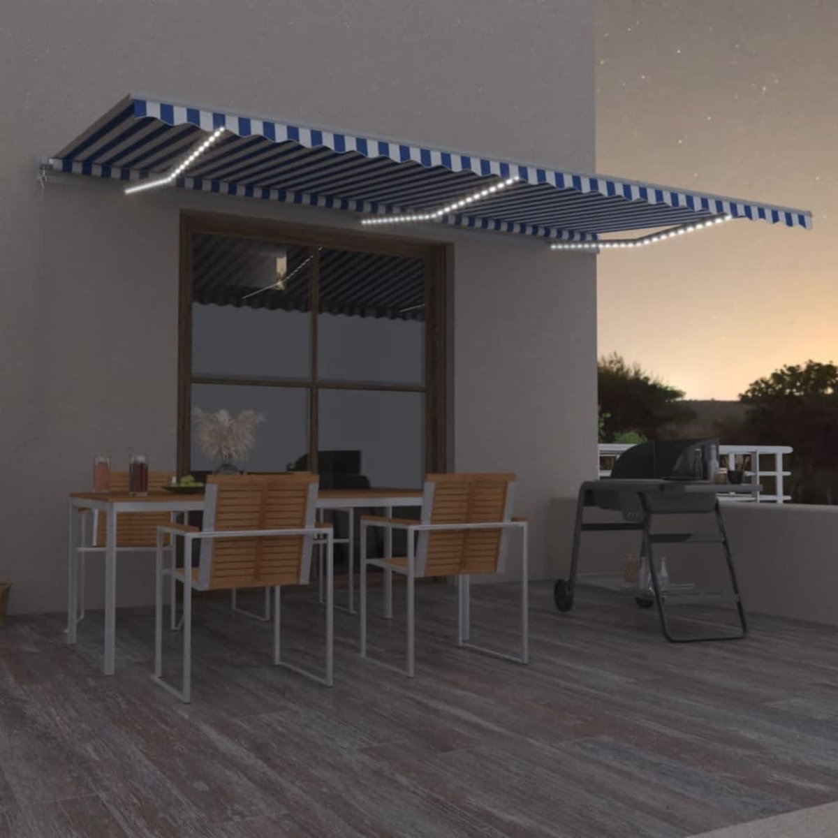 Uitschuifbare luifel in blauw en wit met LED-verlichting, ideaal voor tuin of veranda - 600x350 cm.