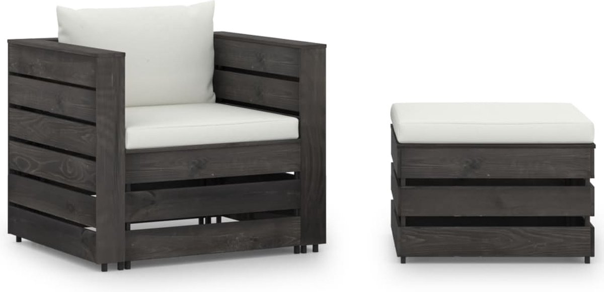 The Living Store 2-delige Loungeset met kussens grijs geïmpregneerd hout - Loungeset - Tuinset - Hout - Pallethouder - Buitendecor