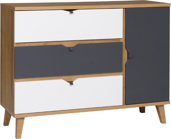 Commode - Commode - 3 tiroirs spacieux - Planches - Wit - Graphite - Chêne doré - 120 cm