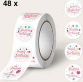 Sluitsticker - Sluitzegel - Happy Birthday | Verjaardag | Zakelijk - Feestelijk - Envelop | Roze - Wit | Gefeliciteerd - Stickers - Felicitatie | Envelop stickers | Cadeau - Gift - Cadeauzakje - Traktatie | Creativiteit | 48 stuks - 2,5 cm