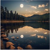 Poster (Mat) - Meer - Water - Bomen - Bos - Maan - 50x50 cm Foto op Posterpapier met een Matte look