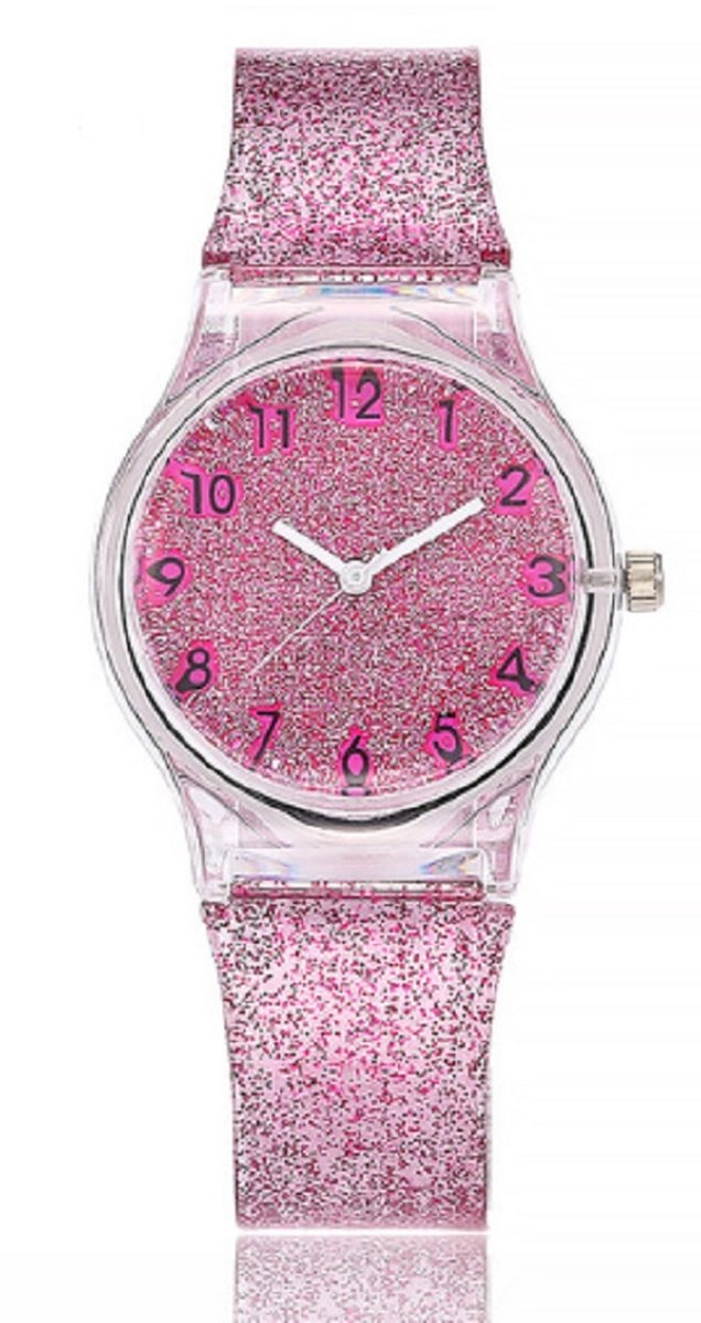 Glitter horloge - paars roze - kinderen- tieners - 33 mm - I-deLuxe verpakking