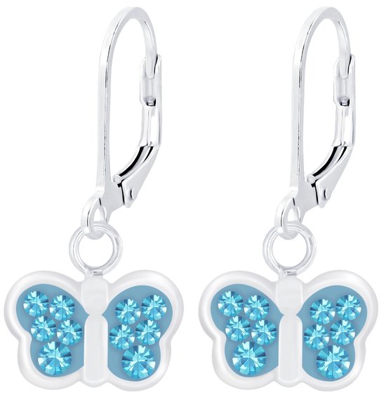 Joy|S - Zilveren vlinder oorbellen - blauw kristal - leverback sluiting