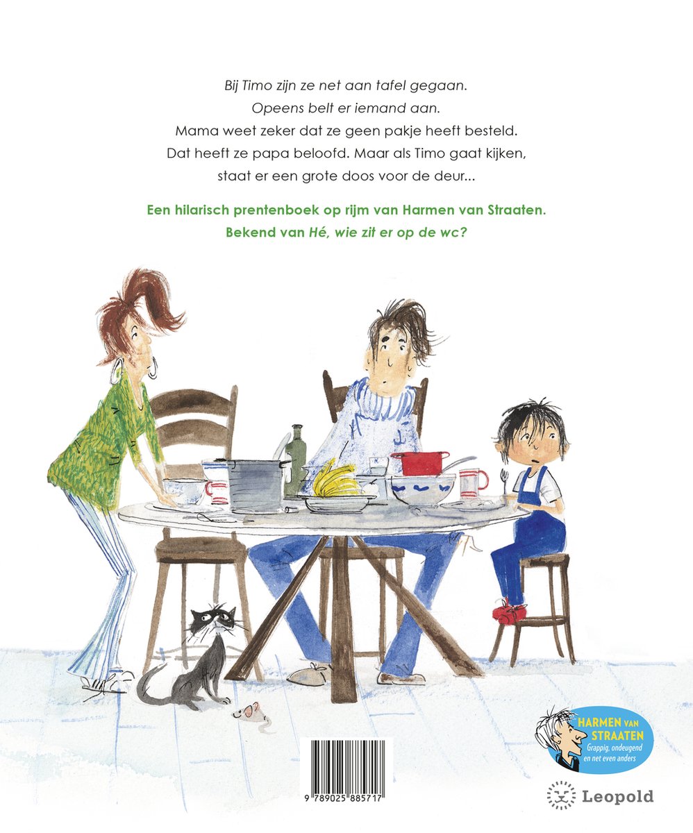 Een gezin en een kat rond een tafel met eten. De titel is "Een hilarisch prentenboek op rijm van Harmen van Straaten."